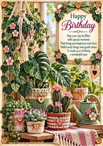 Knitted Houseplant Corner A4 Portrait Birthday Card Topper