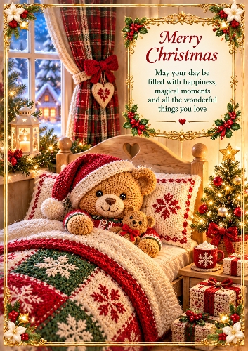 Knitted Christmas Teddys Bedroom A4 Portrait Card Topper