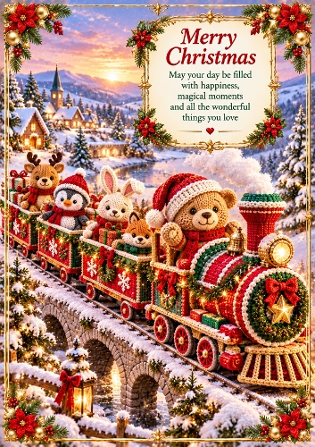 Knitted Toy Train Adventure A4 Portrait Card Topper