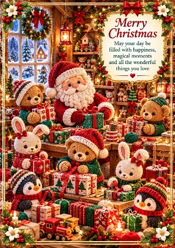 Knitted Santas Little Helpers  A4 Portrait Card Topper