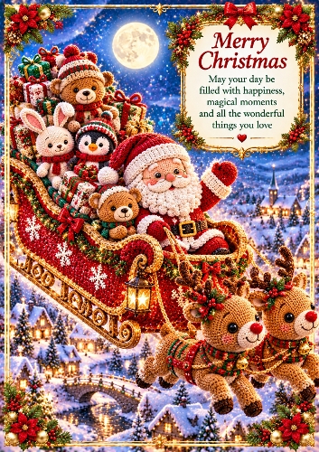 Knitted Crochet Santas Sleigh Ride A4 Portrait Card Topper
