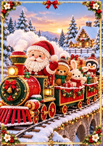   Knitted Santas Train A4 Portrait Christmas Card Topper
