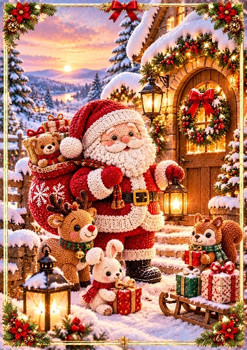 Crochet Santas Snowy Cottage A4 Portrait Christmas Card Topper