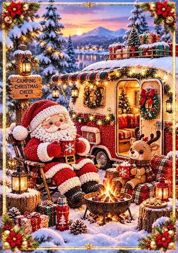Santas Christmas Crochet Camping Trip A4 Portrait Christmas Card Topper