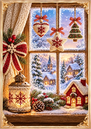 Knitted Snowy Window A4 Portrait Christmas Card Topper