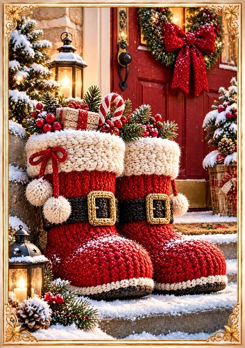 Knitted Santas Boots A4 Portrait Christmas Card Topper