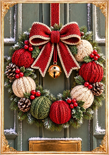 Knitted Yarn Christmas Wreath A4 Portrait Christmas Card Topper