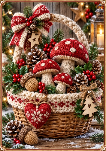 Knitted Christmas Woodland Basket Christmas A4 Portrait Card Topper