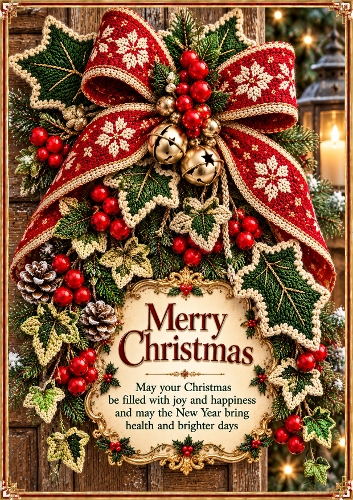 Knitted Christmas Holly & Ivy Christmas A4 Portrait Card Topper