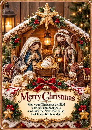 Knitted Christmas Nativity Decorations Christmas A4 Portrait Card Topper