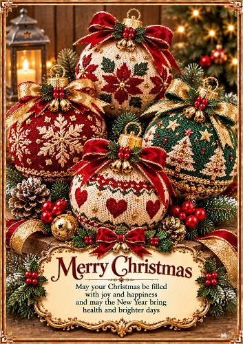 Knitted Christmas Bauble Collection Christmas A4 Portrait Card Topper