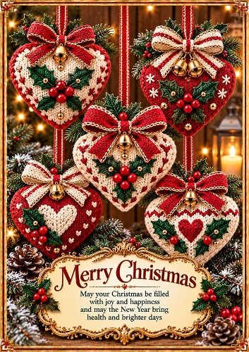 Knitted Christmas Holly Hearts Christmas A4 Portrait Card Topper