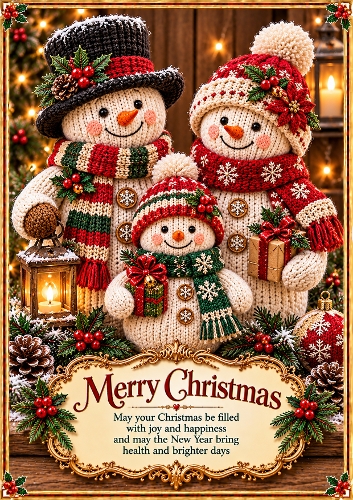 Knitted Christmas Snowman Family Christmas A4 Portrait Card Topper