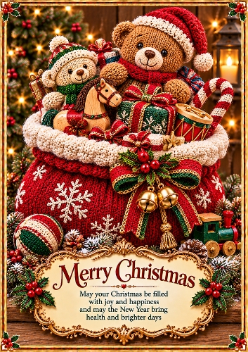 Knitted Santas Toy Sack Christmas A4 Portrait Card Topper