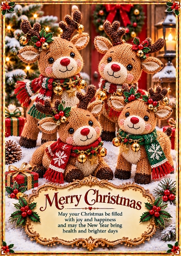 Knitted Christmas Reindeer Friends Christmas A4 Portrait Card Topper
