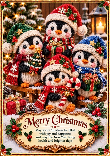  Knitted Christmas Penguin Friends Christmas A4 Portrait Card Topper