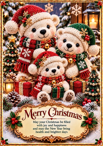 Knitted Christmas Polar Bear Friends Christmas A4 Portrait Card Topper