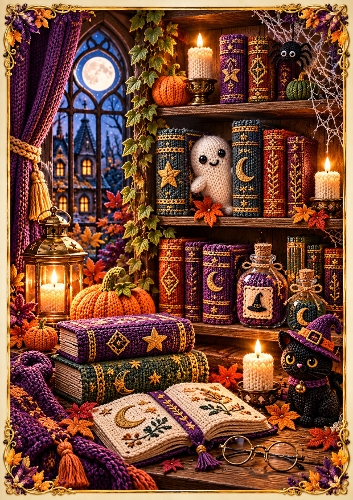 Knitted Haunted Library A4 Portrait Halloween Card Topper