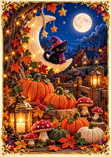 Knitted Moonlit Pumpkin Patch A4 Portrait Halloween Card Topper