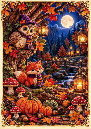 Knitted Halloween Woodland A4 Portrait Halloween Card Topper