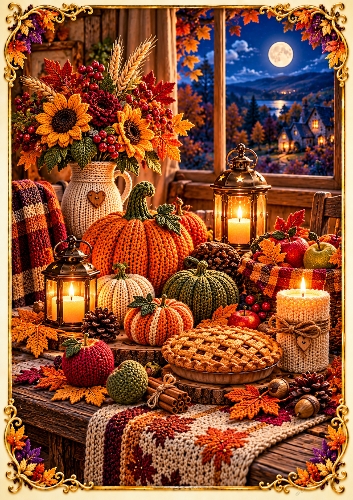 Knitted Autumn Harvest Table A4 Portrait Halloween Card Topper