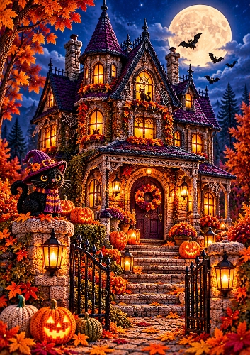 Knitted Haunted House A4 Portrait Halloween Card Topper