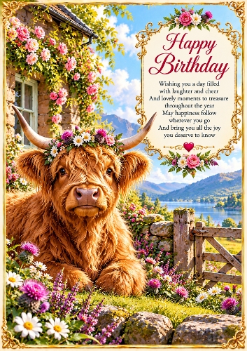 Highland Cow Birthday A4 Portrait Card Topper