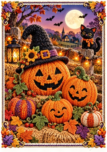 Knitted Pumpkin Patch A4 Portrait Halloween Card Topper