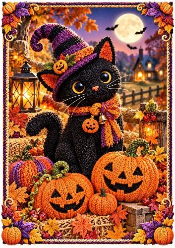 Knitted Black Cat & Pumpkins A4 Portrait Halloween Card Topper