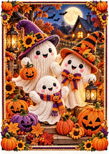 Knitted Friendly Ghosts A4 Portrait Halloween Card Topper