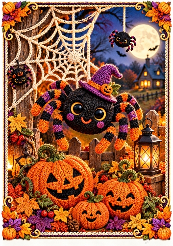 Knitted Spider And Cobwebs A4 Portrait Halloween Card Topper