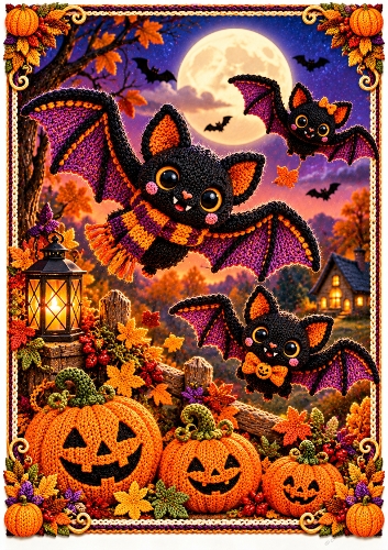 Knitted Bats And Moon A4 Portrait Halloween Card Topper