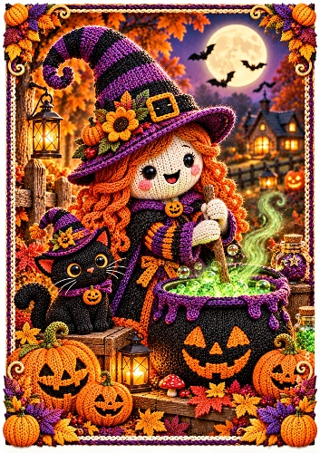 Knitted Witch And Cauldron A4 Portrait Halloween Card Topper