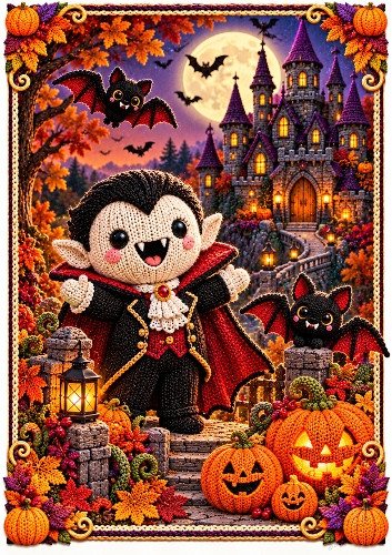Knitted Vampires Castle A4 Portrait Halloween Card Topper