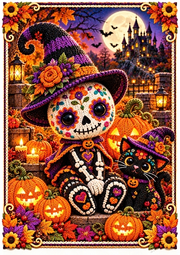 Knitted Sugar Skull A4 Portrait Halloween Card Topper