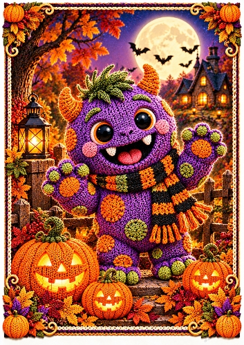 Knitted Friendly Monster A4 Portrait Halloween Card Topper