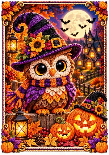 Knitted Owl Halloween A4 Portrait Halloween Card Topper