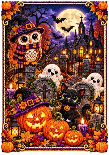 Knitted Moonlit Graveyard A4 Portrait Halloween Card Topper