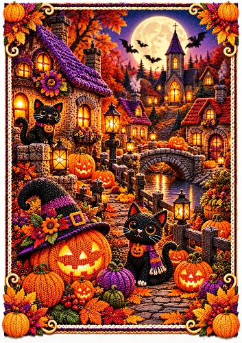  Knitted Autumn Halloween Village A4 Portrait Card Topper
