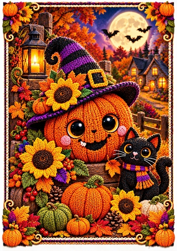  Knitted Pumpkin And Sunflowers Halloween A4 Portrait Card Topper