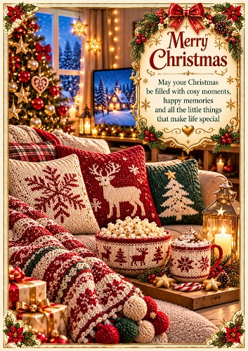 Knitted Christmas Movie Night A4 Portrait Christmas Card Topper