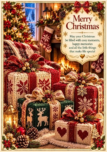 Knitted Christmas Presents A4 Portrait Christmas Card Topper
