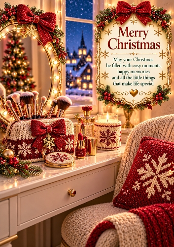 Knitted Christmas Makeup Vanity A4 Portrait Christmas Card Topper