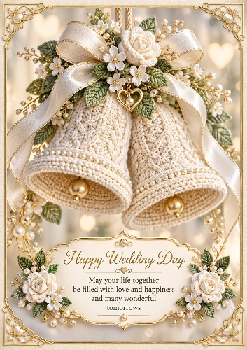 Knitted Wedding Bells A4 Portrait Wedding Day Card Topper