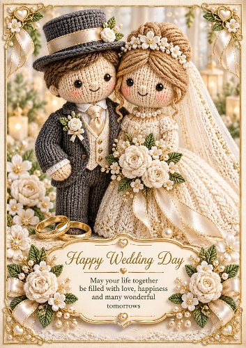  Knitted Bride & Groom A4 Portrait Wedding Day Card Topper