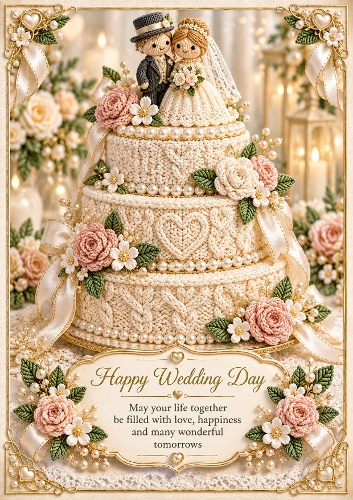 Knitted Wedding Cake A4 Portrait Wedding Day Card Topper