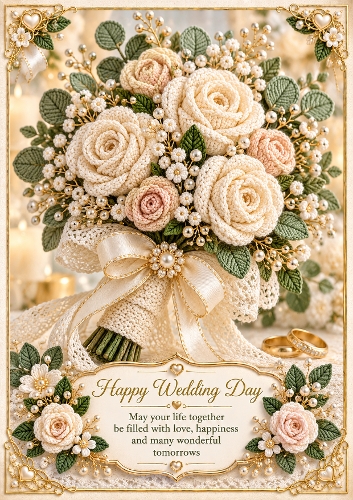 Knitted Wedding Bouquet A4 Portrait Wedding Day Card Topper