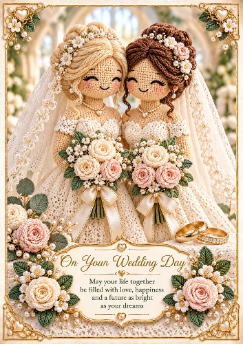 Knitted Two Brides  A4 Portrait Wedding Day Card Topper