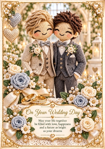 Knitted Two Grooms A4 Portrait Wedding Day Card Topper