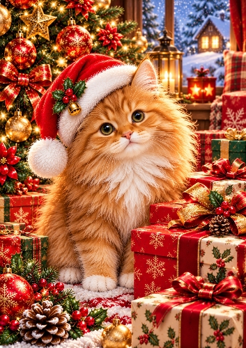 Santa Kitty A4 Portrait Christmas Card Topper